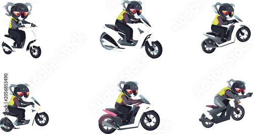Canvas Print Cute koala character set riding white motor scooter wearing motorcycle helmet an