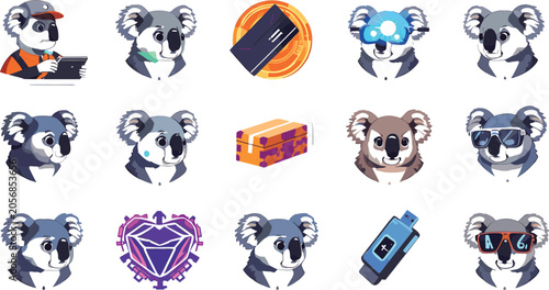 Photography Futuristic cyber koala head icon set with tech glasses digital thumb drive glow