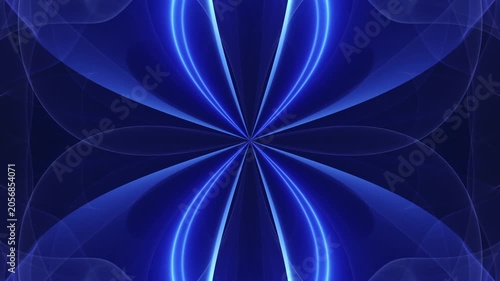 A glowing blue symmetrical fractal pulses with fluid curves around a bright center. It conveys a calming message of digital elegance, hypnotic rhythm, and serene looping cosmic energy.