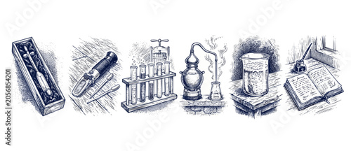 Photography Vintage lab equipment sketch set with retro chemistry apparatus including test tubes, beaker, alembic distilling still, refractometer, and old science journal for education design on white background