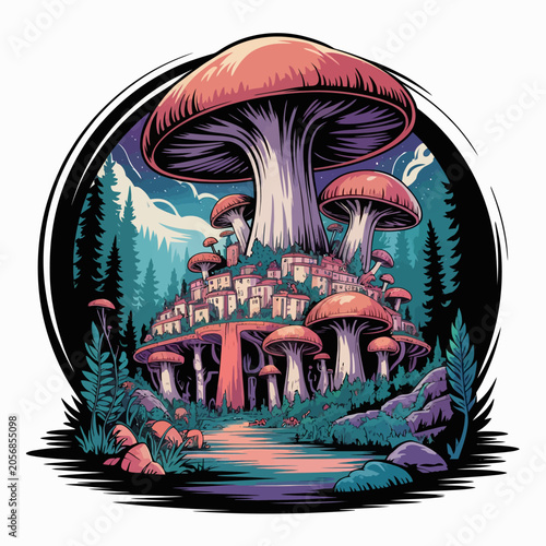 Konstfotografi Whimsical Forest Scene with Giant Mushrooms.
