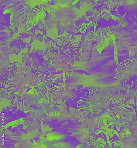 Abstract floral collage effect seamless pattern of chrysanthemum flowers and stems in trendy color green acidtones. For allpaper, bedding, textile, apparel fabric, poster, package