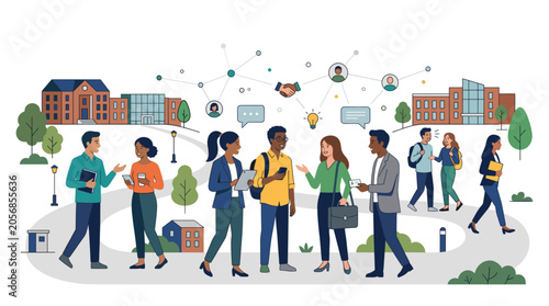 Diverse students and professionals interacting on a college campus with network connections above Vector