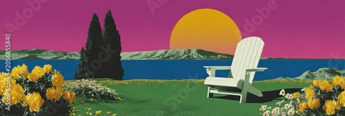 Panel kuchenny z motywem Surreal sunset landscape with chair and vibrant colors.