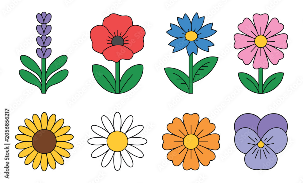 Fototapeta premium Set of eight decorative cartoon wildflower icons featuring vibrant floral illustrations isolated on a clean white background for graphic design projects