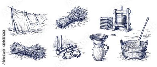 Vintage farm life sketch set featuring laundry on line, wheat sheaves, classic wine press, rustic kitchen pitcher, wooden tub with paddle, historic agricultural tools in hand-drawn engraving style.
