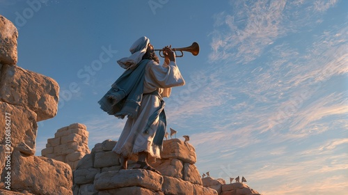 A watchman holding a trumpet while standing on ancient walls, Ezekiel symbolism