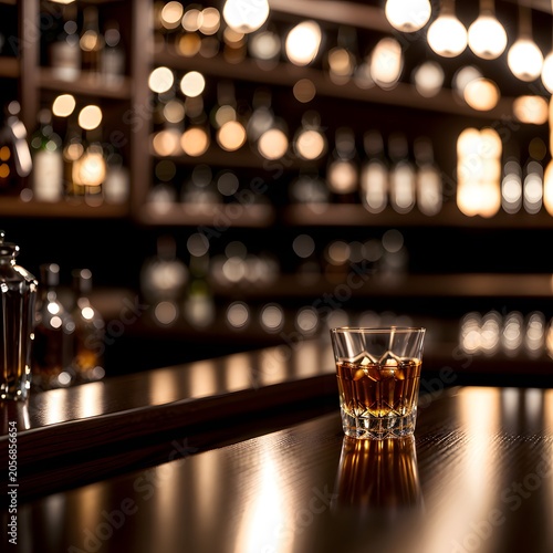 Bar Counter Close-up with Crystal Glasses and Premium Whiskey Bottles