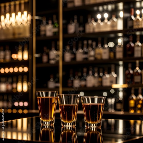 Crystal Glasses on Reflective Bar Counter in Luxury Cocktail Bar