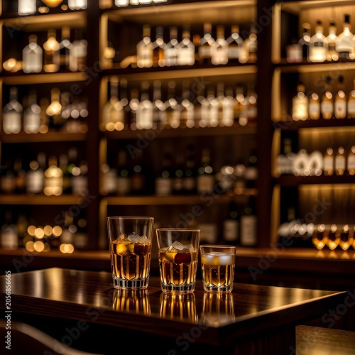 Crystal Glassware and Premium Whiskey Bottles on Illuminated Shelves