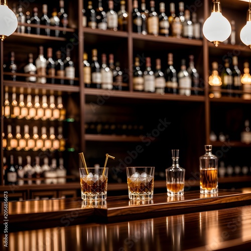 Elegant Warm Lighting on Premium Whiskey Bar Counter and Glasses