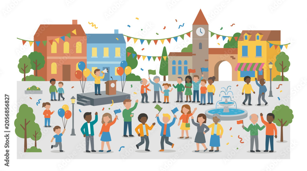 Naklejka premium Diverse crowd celebrating in town square with flags balloons and confetti Vector