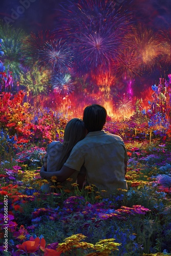 Couple Sitting in Colorful Flower Field Watching Vibrant Fireworks Display at Night