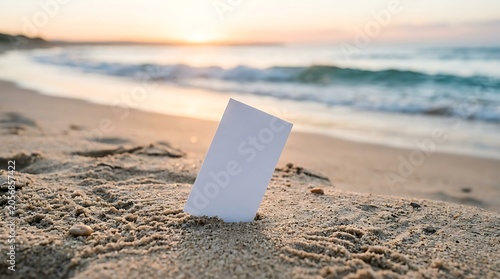 Blank white card standing upright in golden sand on a tropical beach at sunset with ocean waves in the background