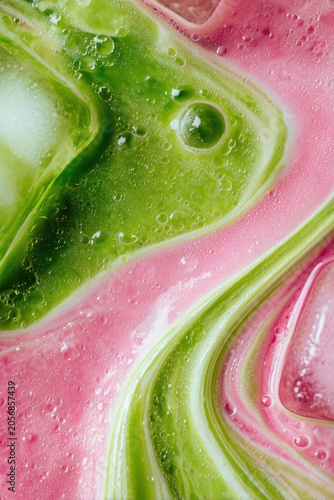  Abstract fluid texture of swirling pink and green iced strawberry matcha latte, vertical macro background with ice and bubbles