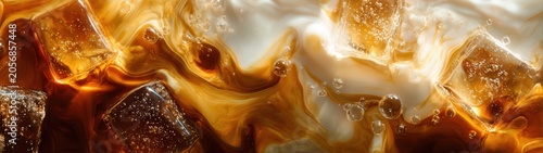  Refreshing macro texture of iced coffee with swirling milk and ice cubes, panoramic long banner background.