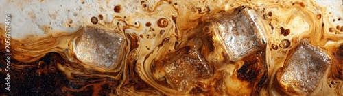 Texture macro rafraîchissante de café glacé avec tourbillons de lait et glaçons, fond de bannière panoramique.