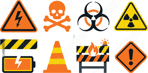 Hazard warning sign vector icon set featuring high voltage skull biohazard radiation toxic flammability danger tape and traffic cone symbols
