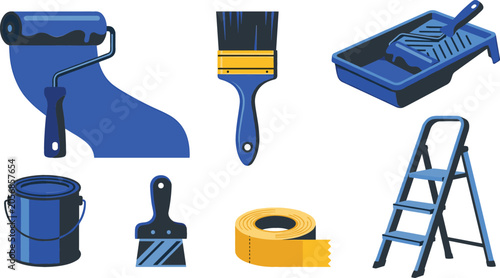 Home renovation paint tool vector set featuring blue paint roller brush bucket tray putty knife masking tape and stepladder