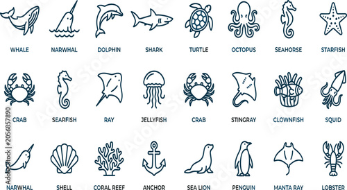 Ocean life and marine animal line icon set with text labels featuring whale narwhal dolphin shark turtle octopus seahorse and starfish vector
