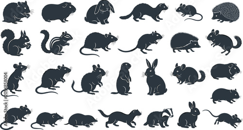 Small mammal and rodent silhouette vector set featuring wild animals like mice rats squirrels rabbits hedgehogs ferrets badgers and guinea pigs