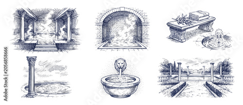 Obraz na płótnie Roman bathhouse spa pool illustrations of ancient Greek wellness elements