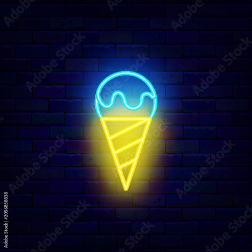 Ice cream with waffle corn neon icon. Sweet dessert. Banana food. Frozen milky paroduct. Candy shop. Editable stroke. Vector stock illustration