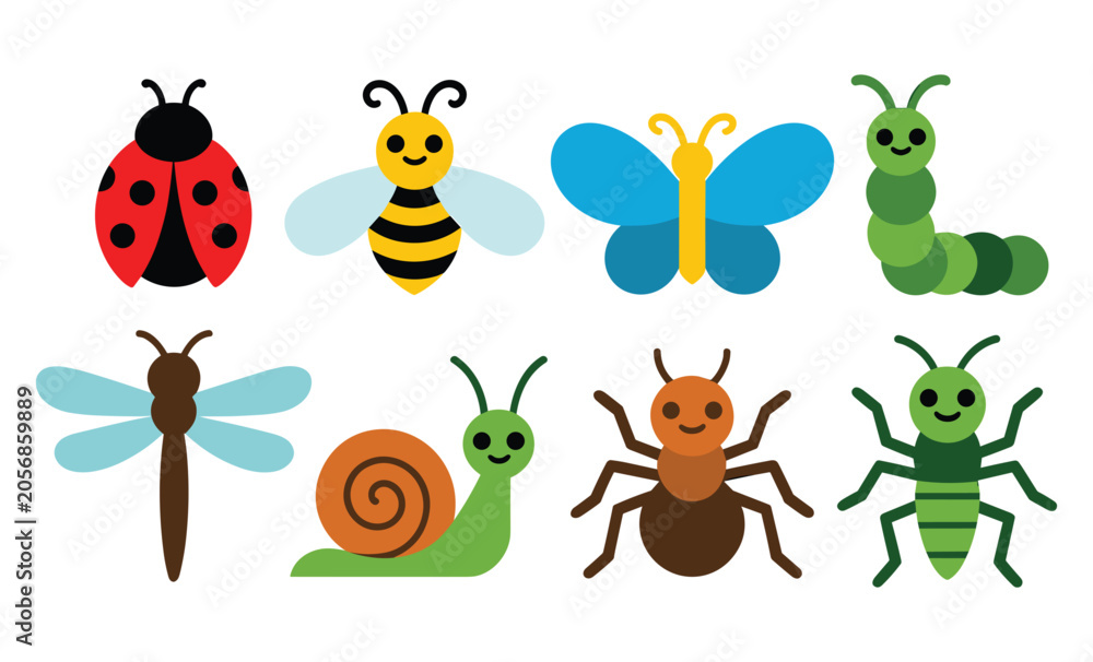 Naklejka premium Set of cute garden insects featuring a ladybug bee butterfly caterpillar dragonfly snail ant and grasshopper in a colorful flat vector illustration