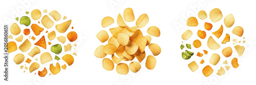 Bild auf Leinwand Crunchy Golden Potato Chips Heap Isolated on White Background PNG for Snack Adve