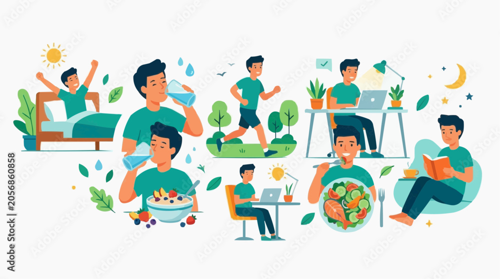 Fototapeta premium A healthy lifestyle montage depicting a man's daily routine, including waking up, eating healthy food, exercising, working, and relaxing with a book. isolated on white background