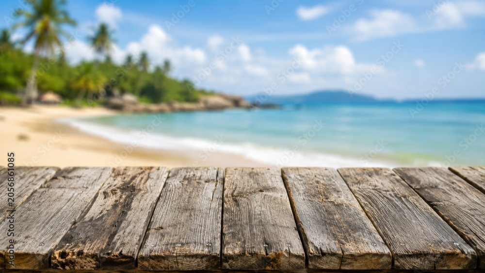Obraz premium Weathered wooden planks overlooking tropical beach and ocean view