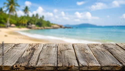 Weathered wooden planks overlooking tropical beach and ocean view
