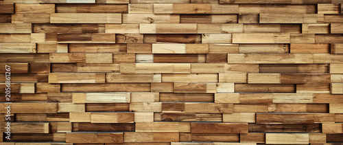 Patchwork of raw wood forming a beautiful parquet wood. exposed wooden wall exterior, Wood wall pattern background, Brown wooden acoustic panels wall texture. not ai