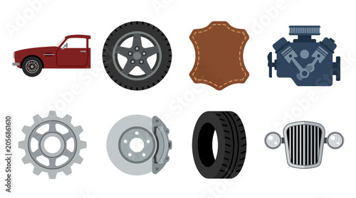 Bild auf Leinwand Collection of automotive parts and vehicle illustrations.