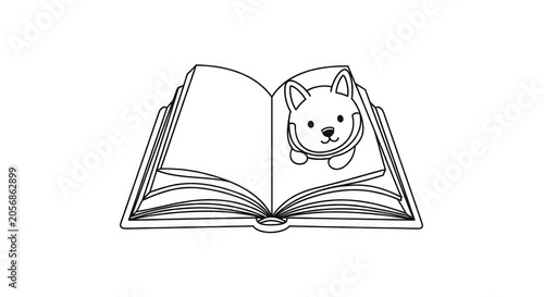 Cute dog peeking from book pages.