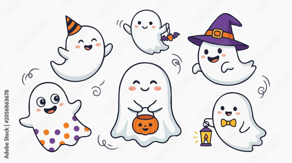 Fototapeta premium Cute cartoon ghosts celebrating Halloween with candy and lanterns, set against a white background. isolated on white background