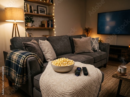 Obraz na plátně Relaxing evening with popcorn and remote control on cozy living room sofa