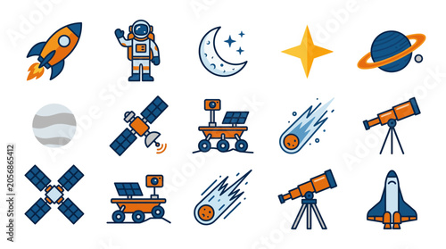 Bild auf Leinwand Colorful Space Exploration Icons Set.