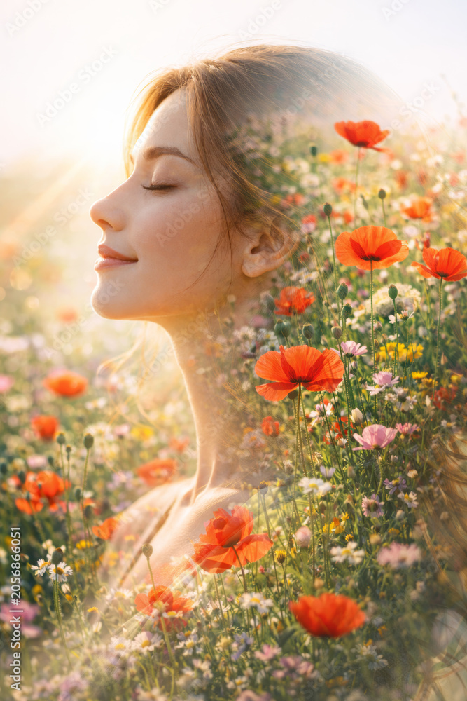 Naklejka premium Serene woman in flower field embracing nature and tranquility