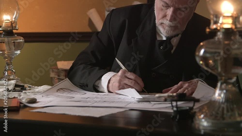 Shipwright or naval architect writing with a dip pen