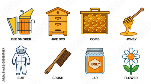 Tableau sur toile Colorful flat vector icons of beekeeping tools and honey products