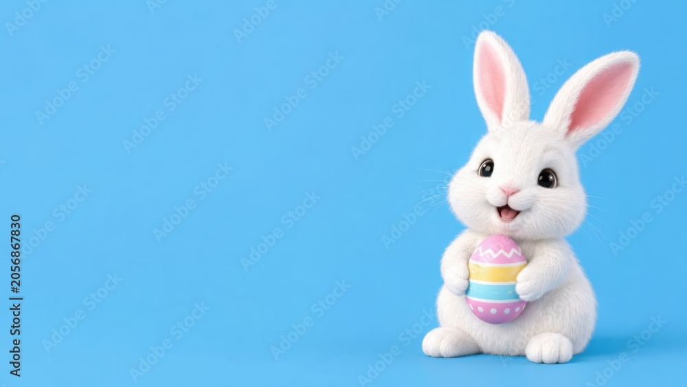 Obraz premium Plush bunny holding decorated egg on blue studio background