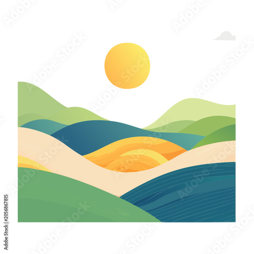 Abstract blue orange green waves with sun
