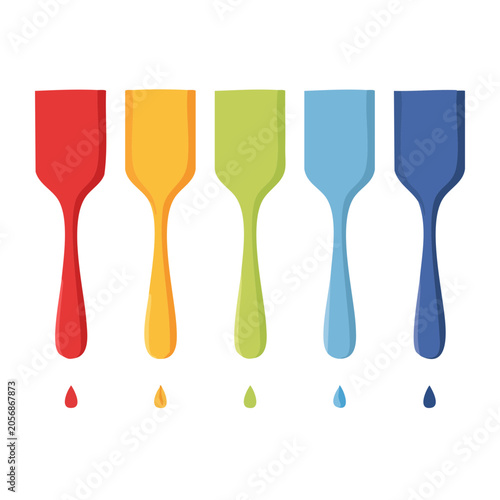Five flat design paintbrushes in primary colors