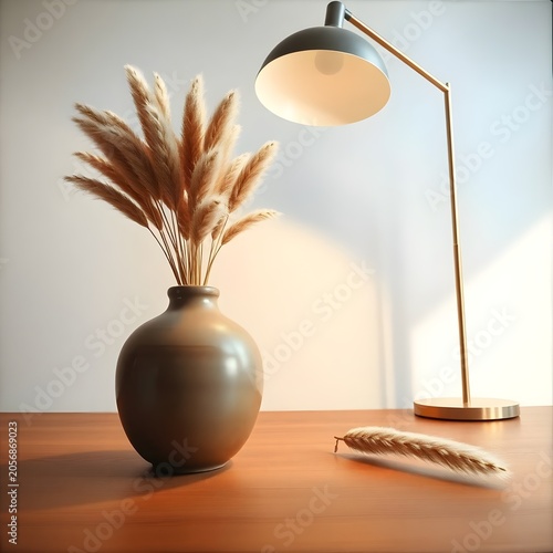 A sophisticated interior arrangement featuring a dark rounded vase filled with lush pampas grass beside a modern floor lamp. Soft natural light illuminates the scene, emphasizing the textures of the d