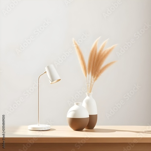 A bright minimalist scene featuring two white ceramic vases and a slim white desk lamp. Tall dried grass stems add warmth and texture to the otherwise clean and monochromatic composition, highlighting