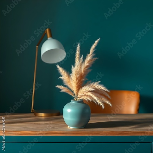 A modern interior still-life featuring a teal ceramic vase filled with soft pampas grass placed on a wooden tabletop. A stylish white desk lamp stands beside the arrangement against a deep teal backgr
