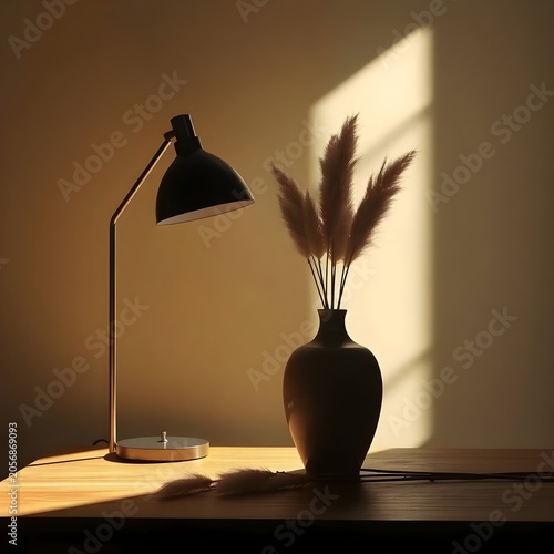 A warm and moody interior arrangement featuring a black floor lamp beside a dark ceramic vase filled with pampas grass. Sunlight streams through a window, casting dramatic shadows on the wall and crea