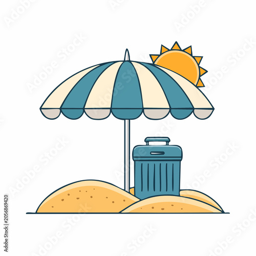 Beach Umbrella, Trash Can, and Sun Illustration