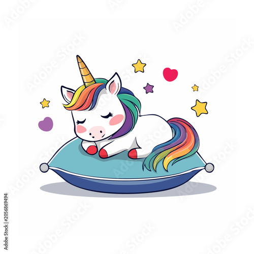 Cartoon unicorn with rainbow and stars